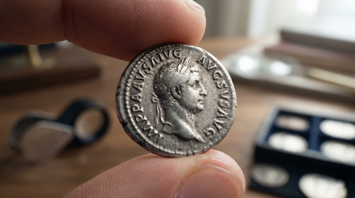 Hand holding a silver Roman coin.