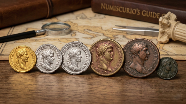 Various Roman coins on wooden table