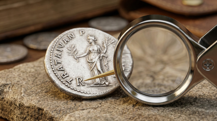 Coin inspection with magnifying glass