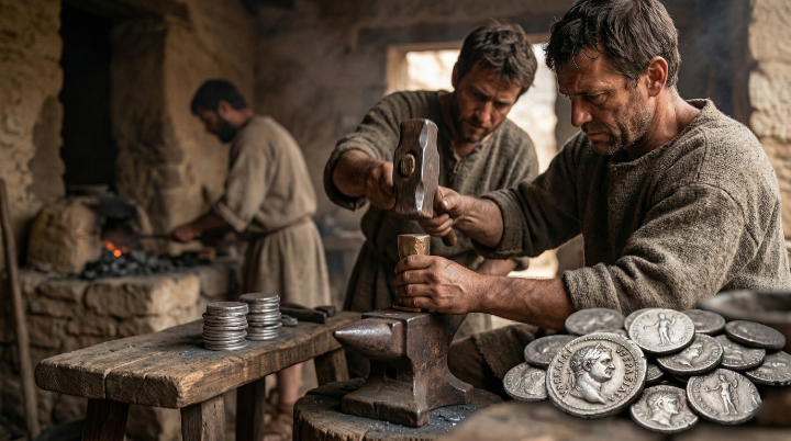 Men crafting coins in ancient workshop.