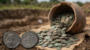 Ancient coins spilling from pot