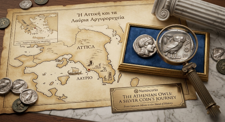 Map and coins depicting ancient Greece