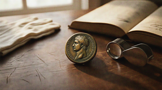 Roman coin on wooden table
