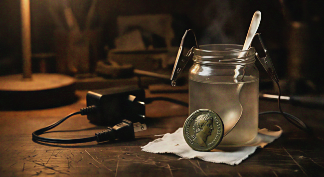Coin cleaning setup with electrolysis equipment