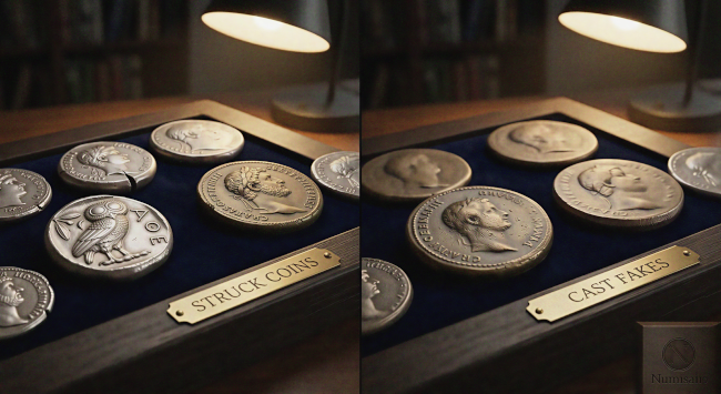 Coins displayed: struck vs. cast fakes